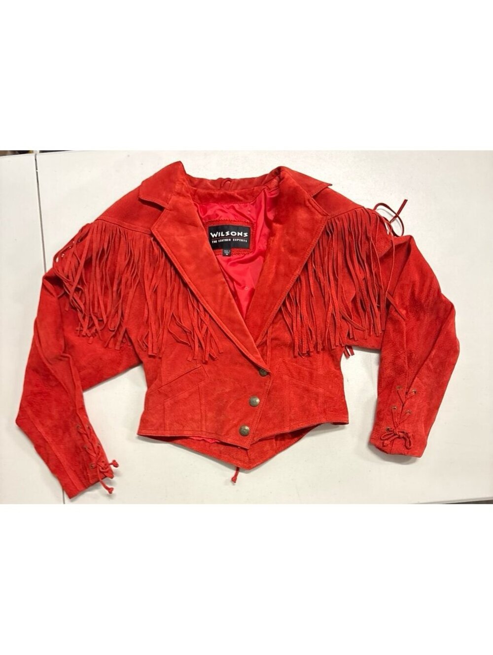 Vintage Wilsons Leather Red Suede Fringe Jacket M Western Boho Lace Up Cuffs